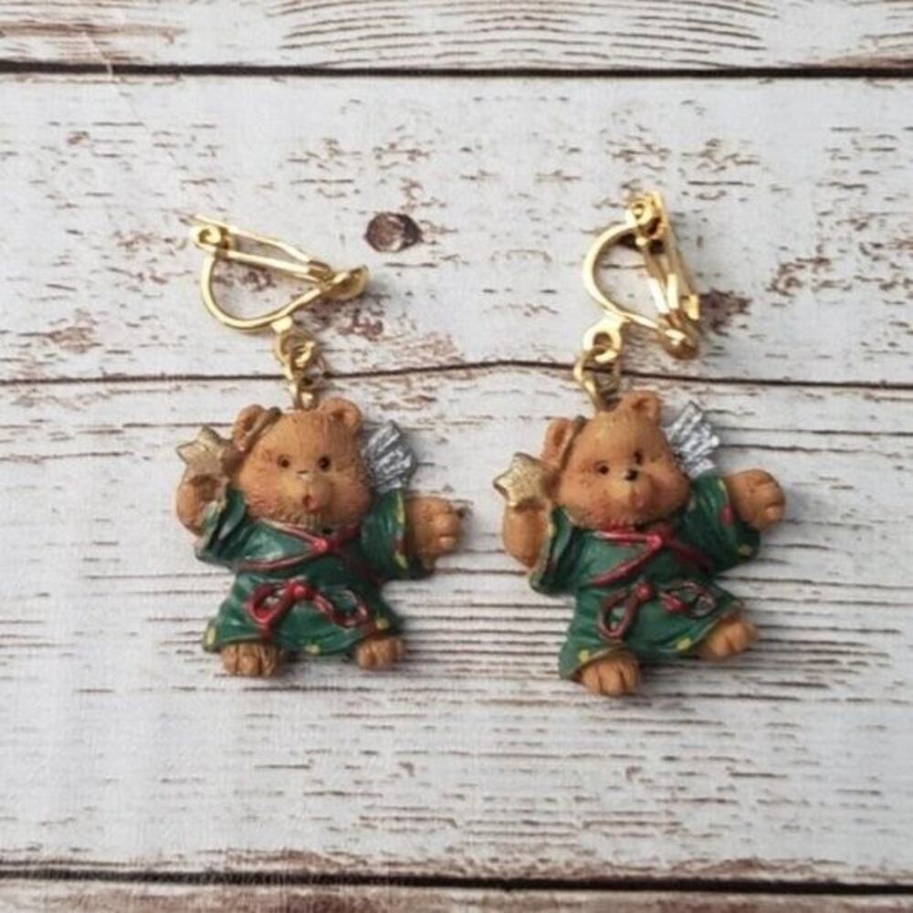 Vintage Clip On Earrings - Teddy Bear With Star Dangle